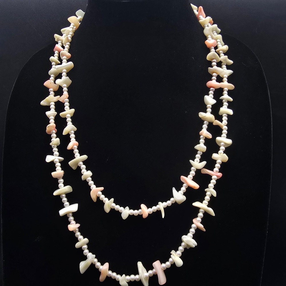 Pink Cream Mother of Pearl Chip Necklace Faux Pearl Vintage Jewelry 28 Inch